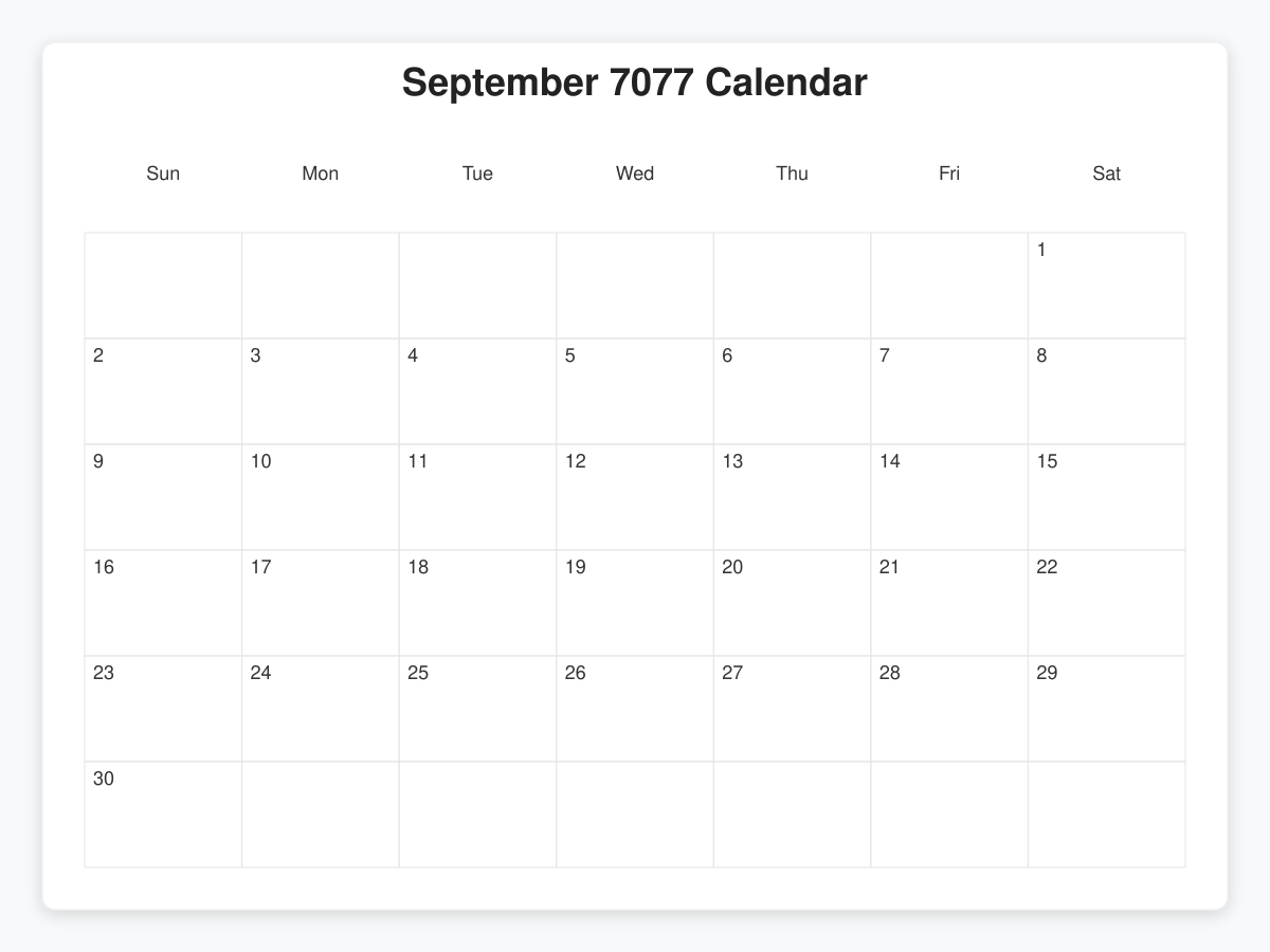 Printable September 7077 Calendars