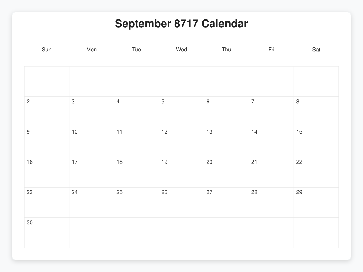 Printable September 8717 Calendars