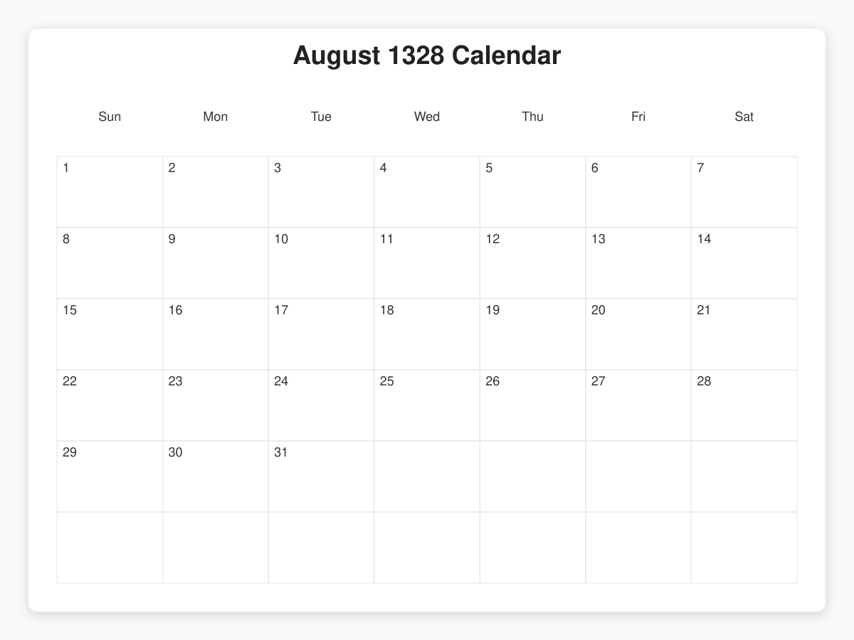 Printable August 1328 Calendars