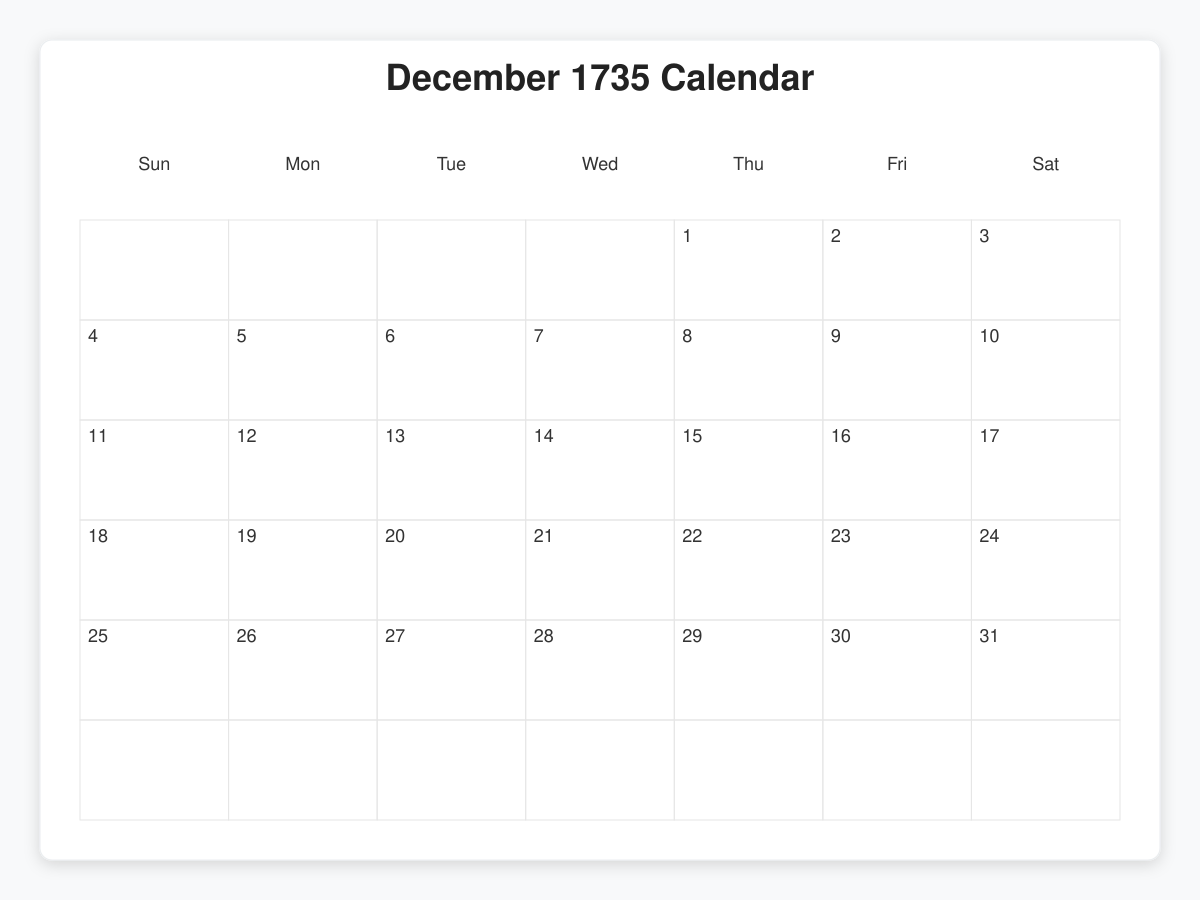 Printable December 1735 Calendars