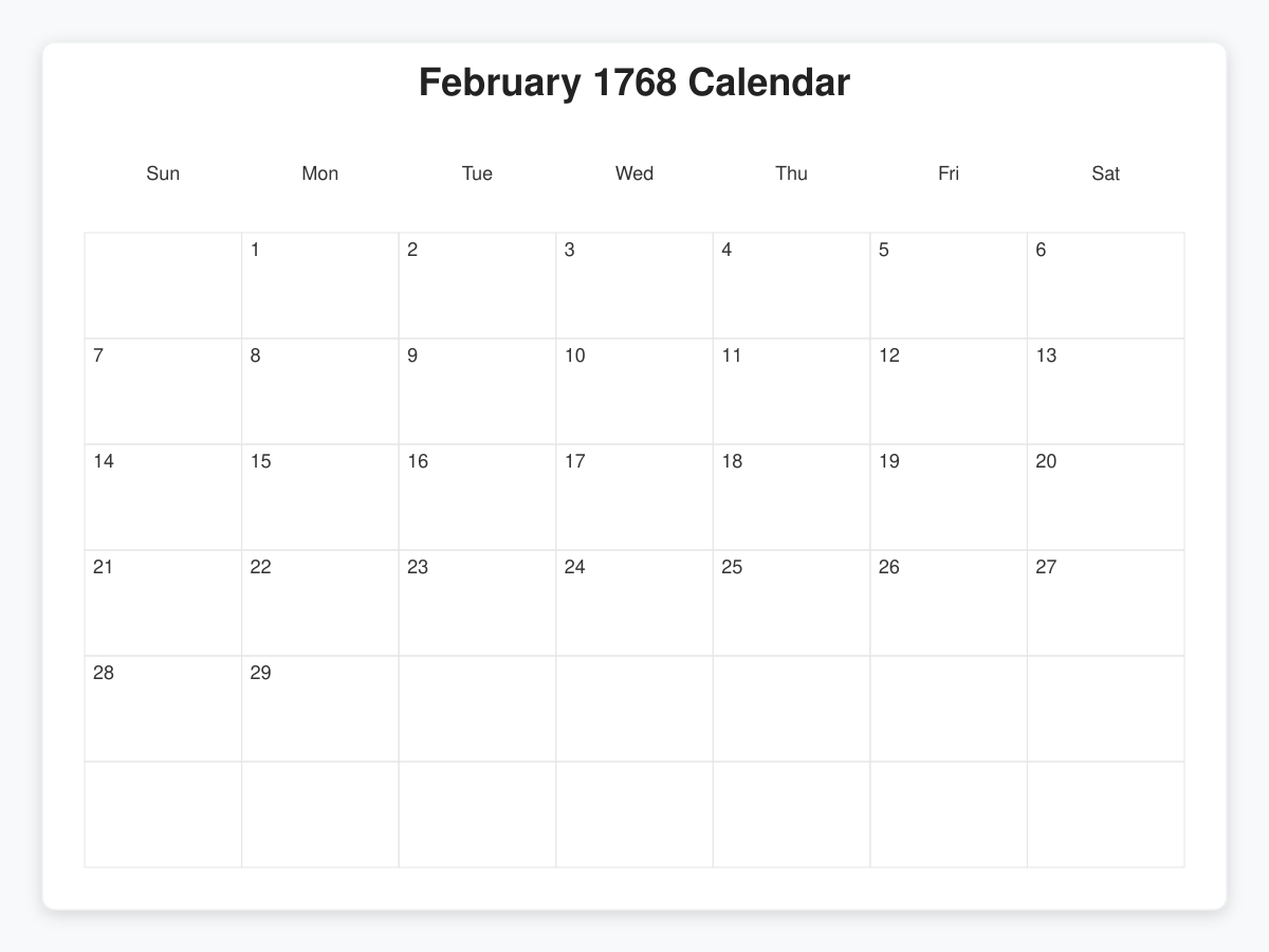 Printable February 1768 Calendars