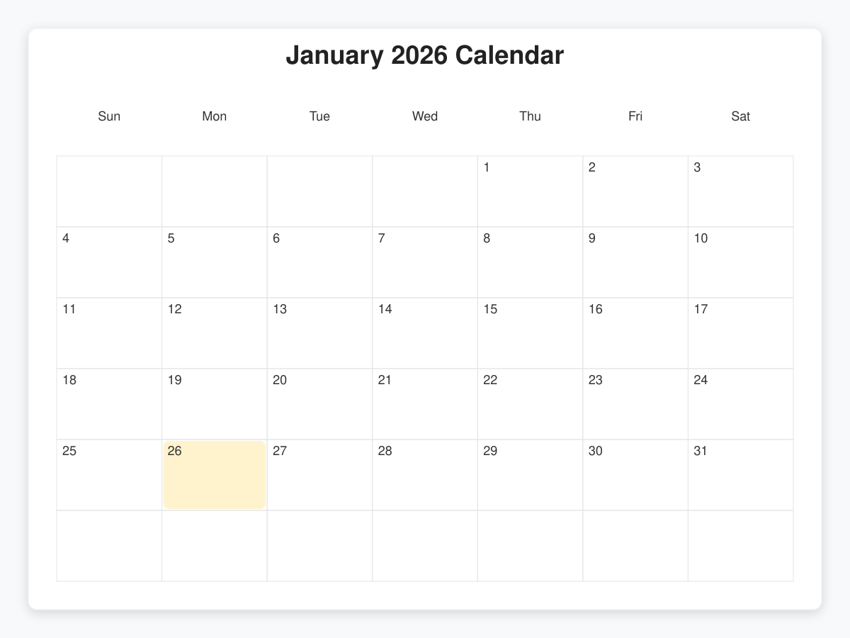 Printable January  Calendars