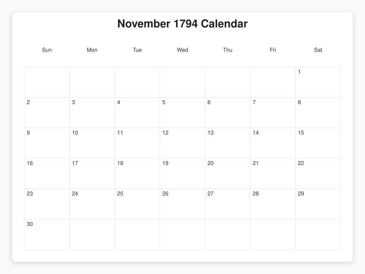 Printable November 1794 Calendars