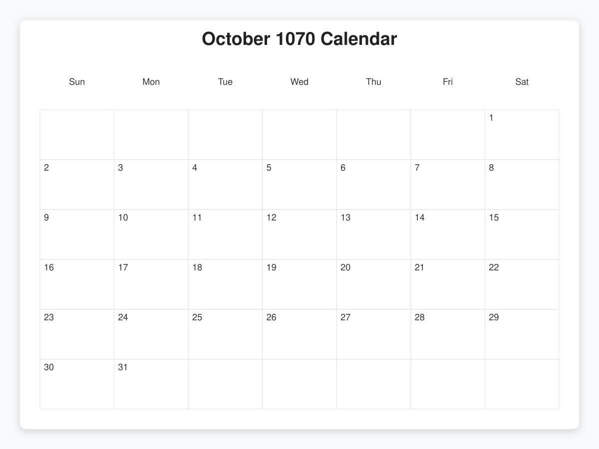 Printable October 1070 Calendars
