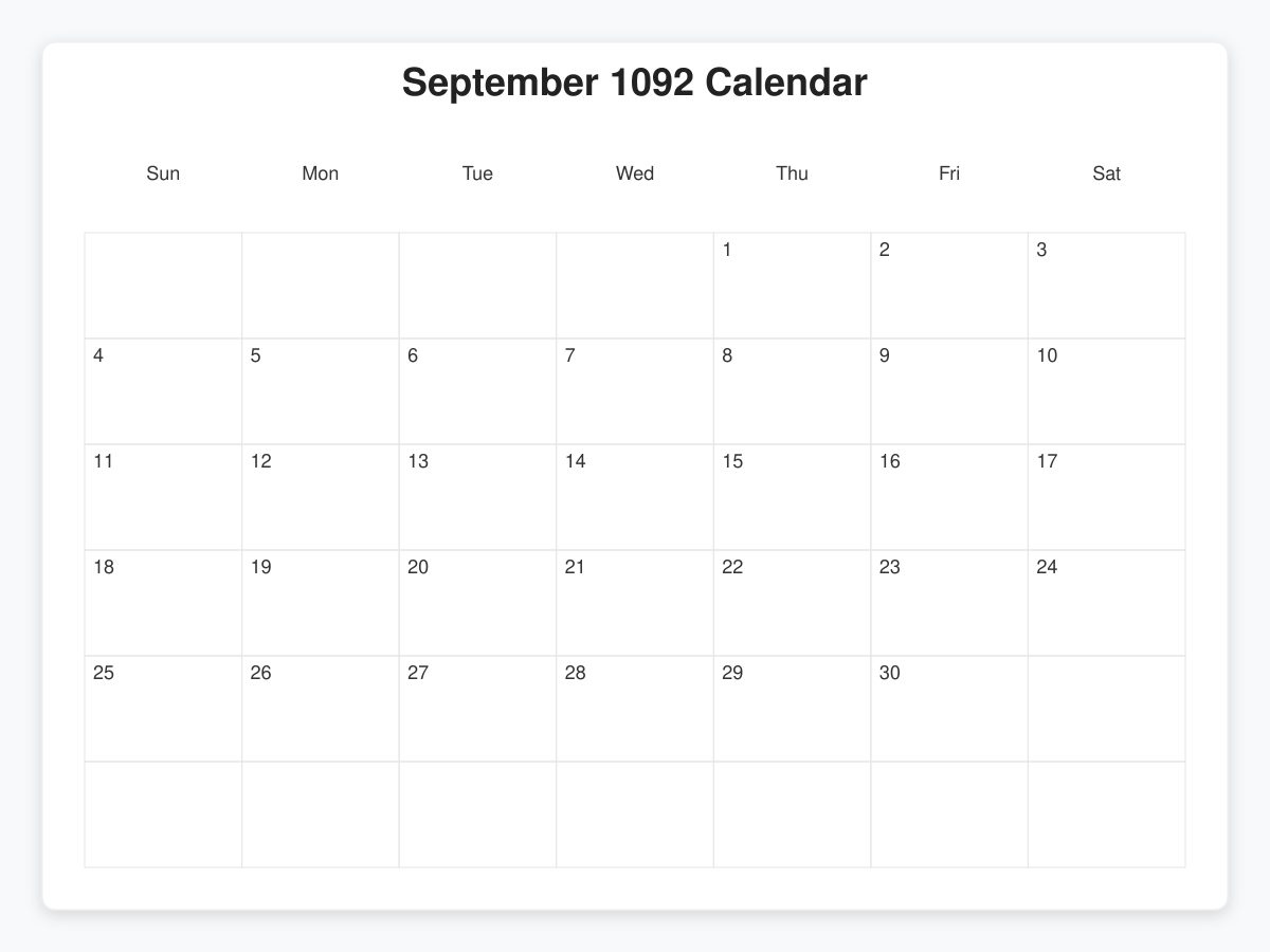 Printable September 1092 Calendars