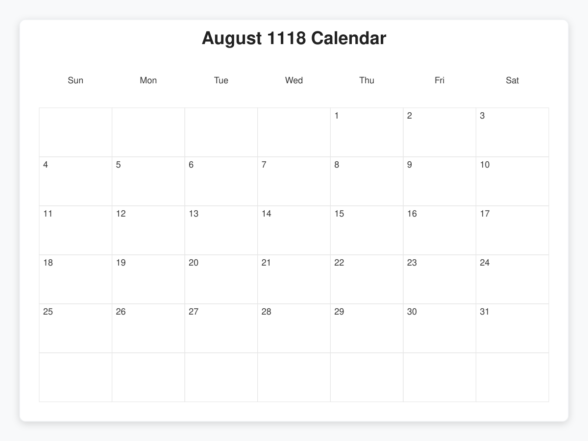 Printable August 1118 Calendars