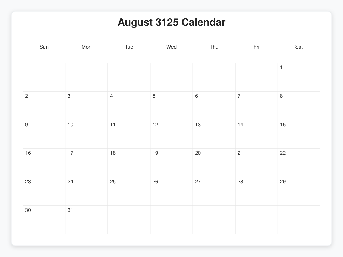 Printable August 3125 Calendars