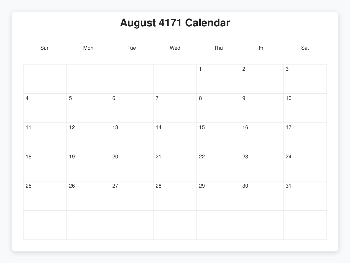 Printable August 4171 Calendars