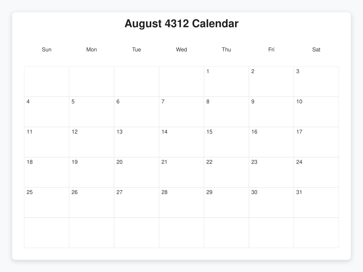 Printable August 4312 Calendars