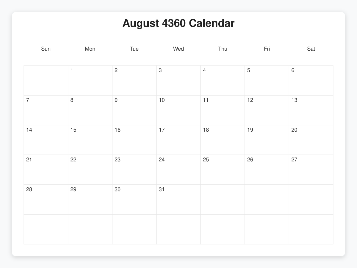 Printable August 4360 Calendars