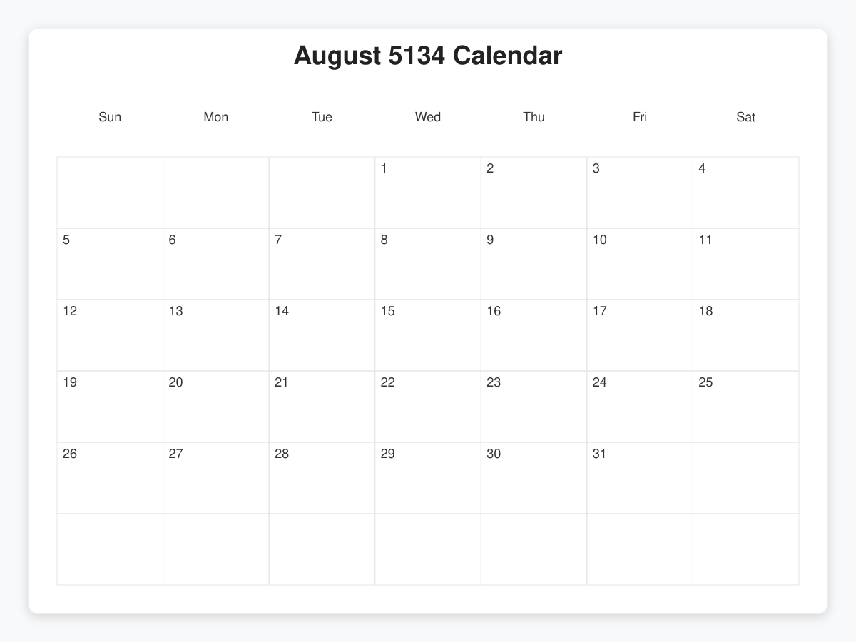 Printable August 5134 Calendars
