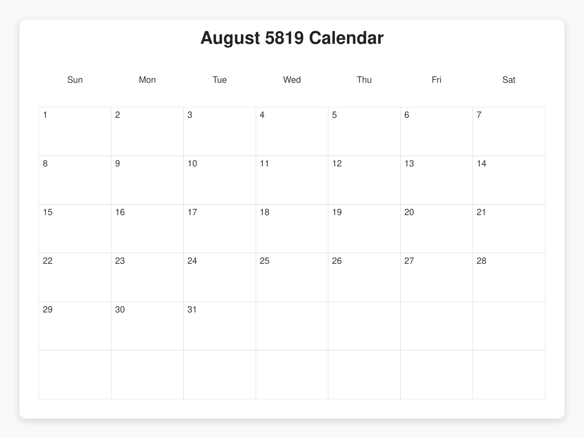 Printable August 5819 Calendars