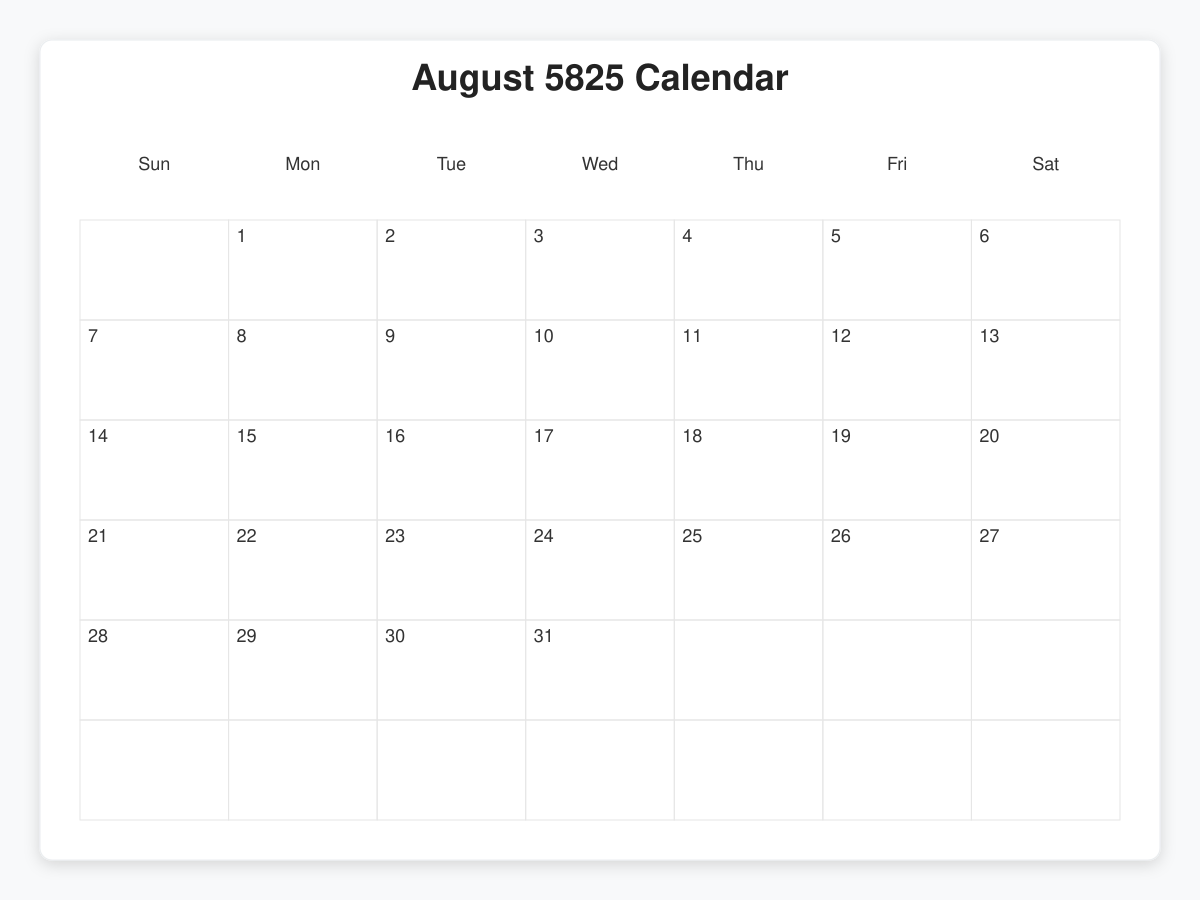 Printable August 5825 Calendars