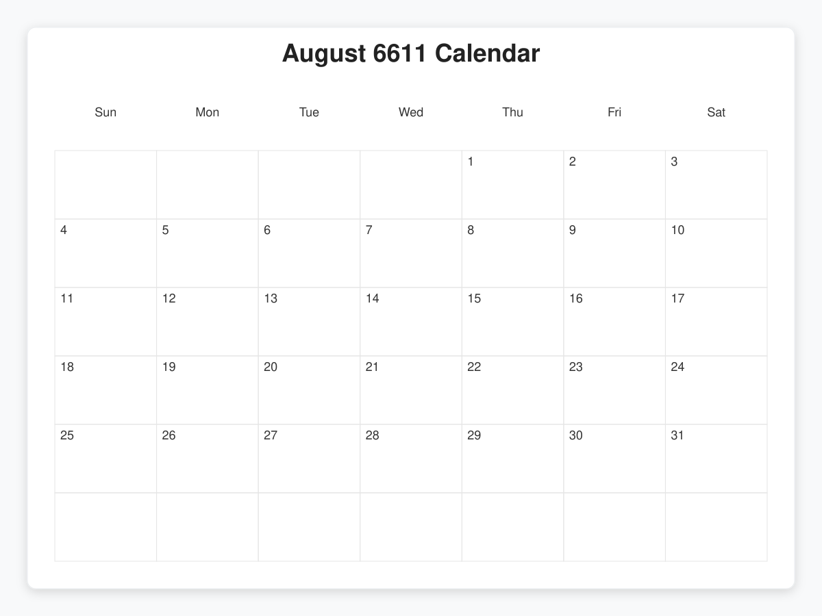 Printable August 6611 Calendars