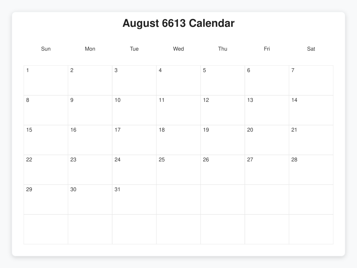 Printable August 6613 Calendars