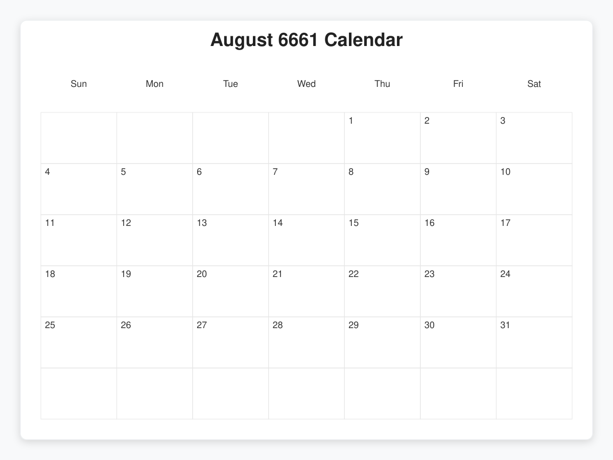 Printable August 6661 Calendars