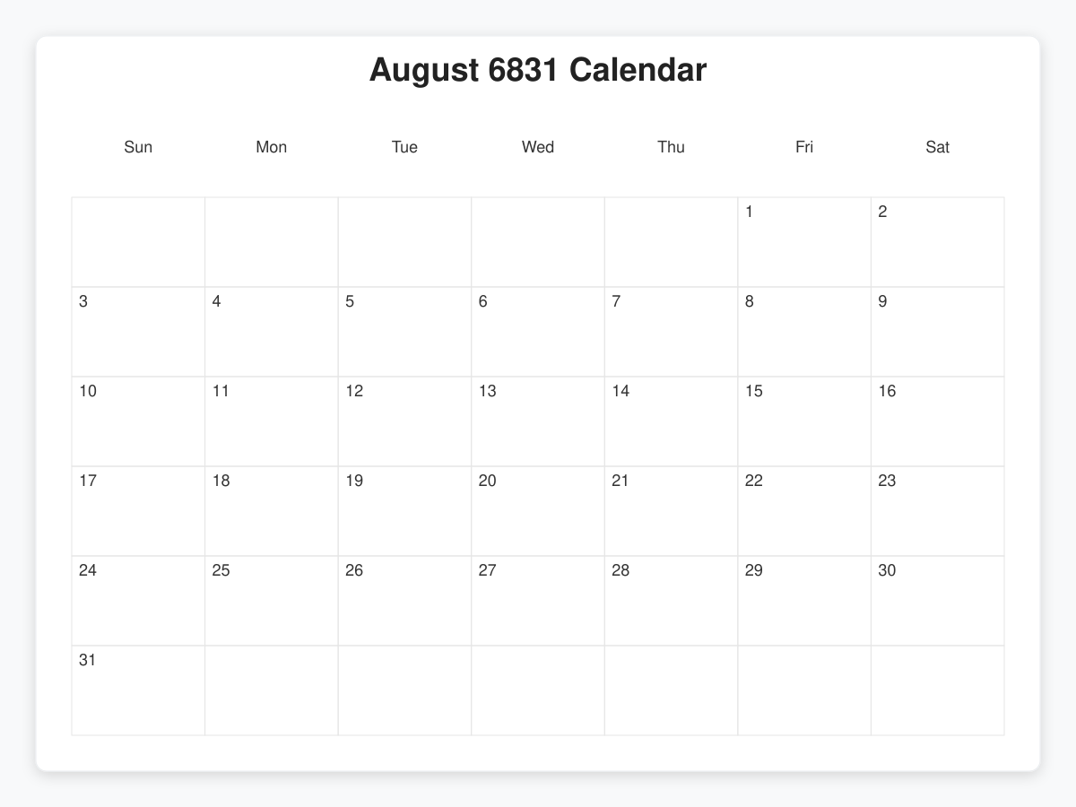 Printable August 6831 Calendars