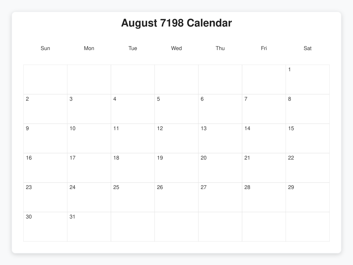Printable August 7198 Calendars