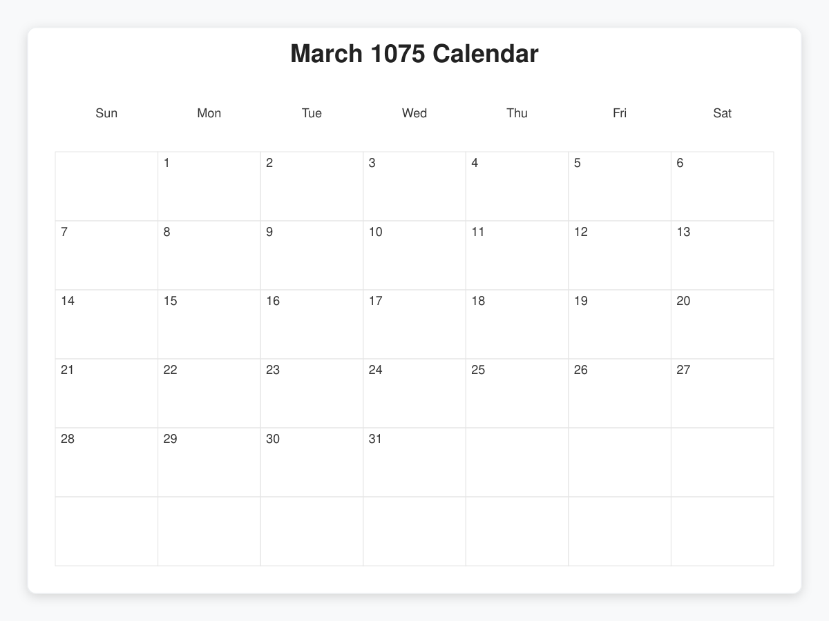 Printable March 1075 Calendars
