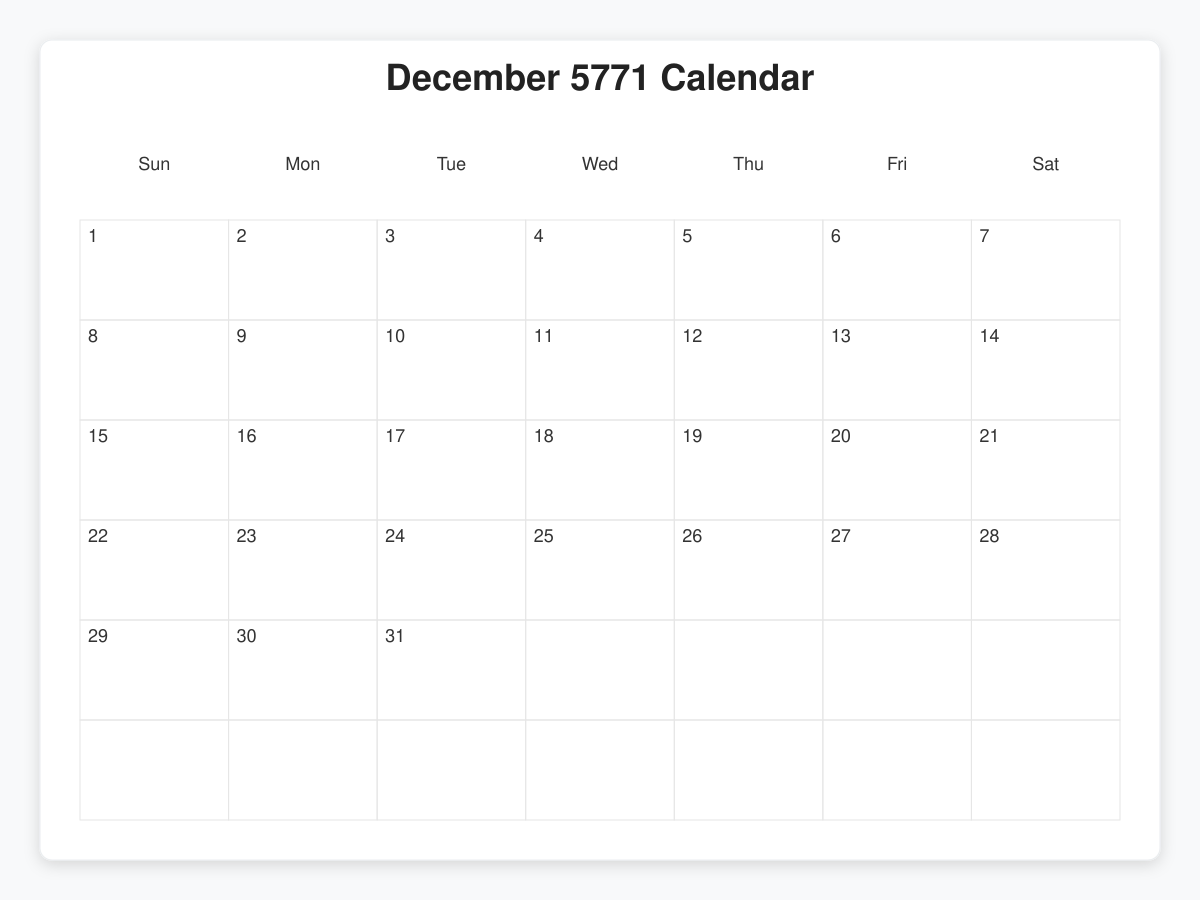 Printable December 5771 Calendars