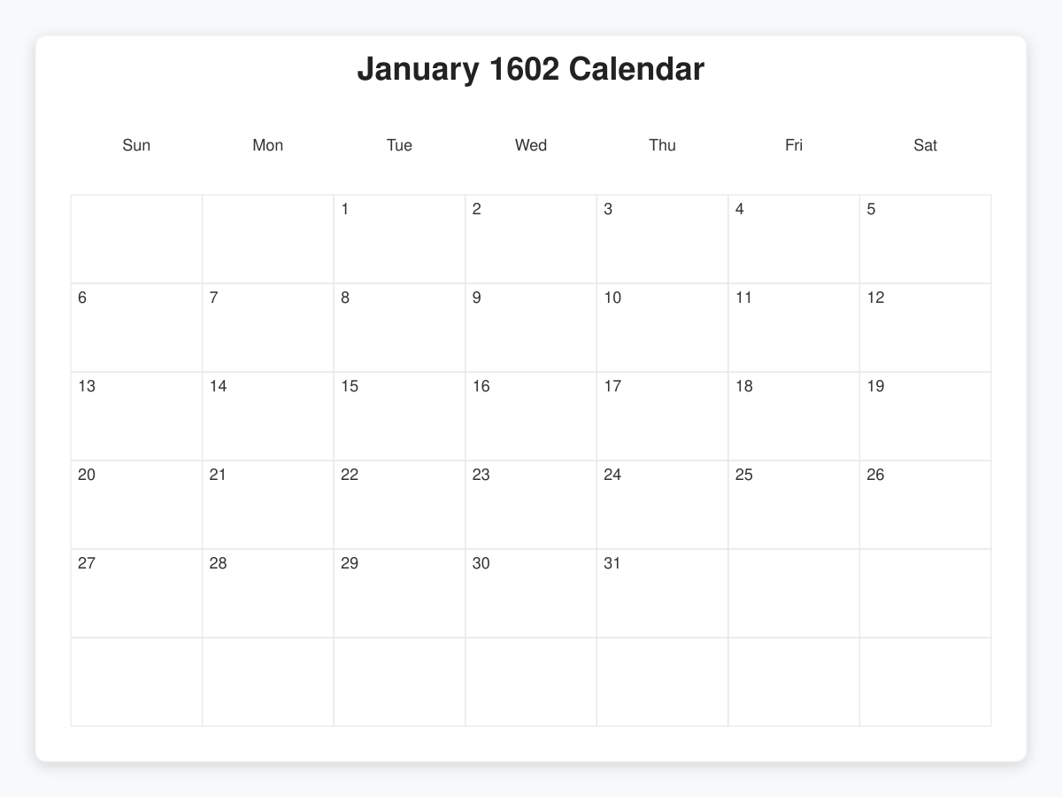 Printable January 1602 Calendars