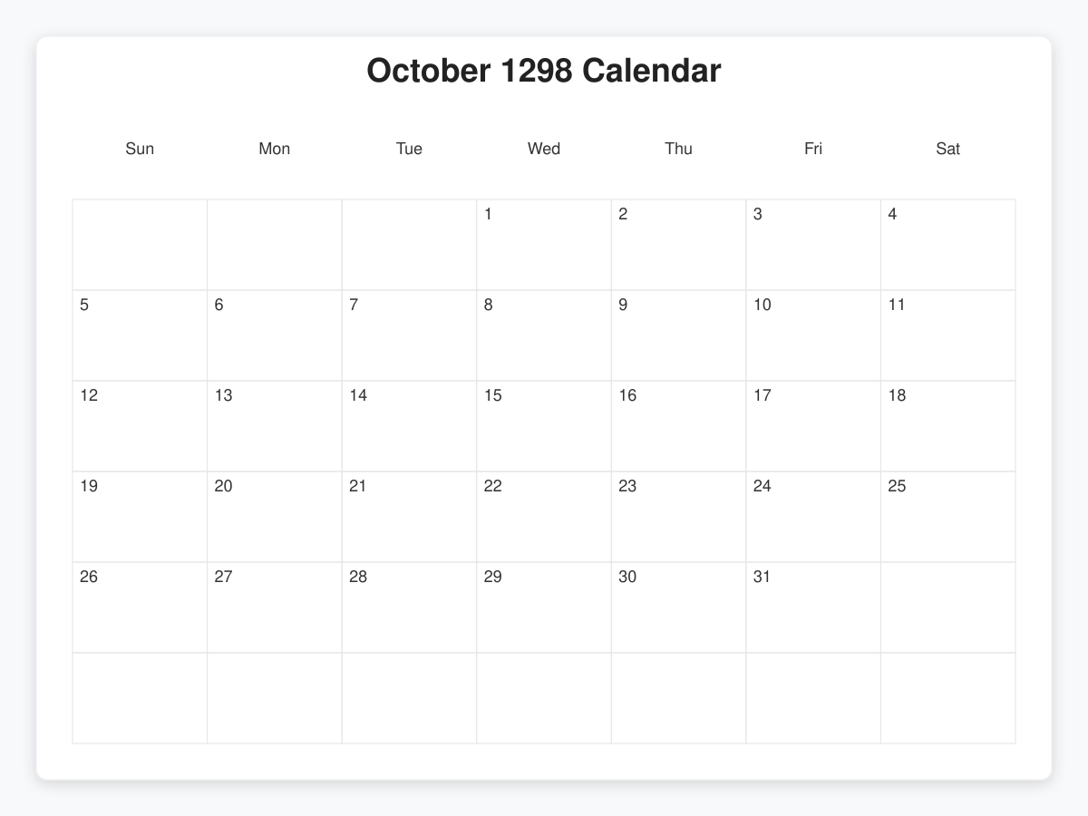 Printable October 1298 Calendars