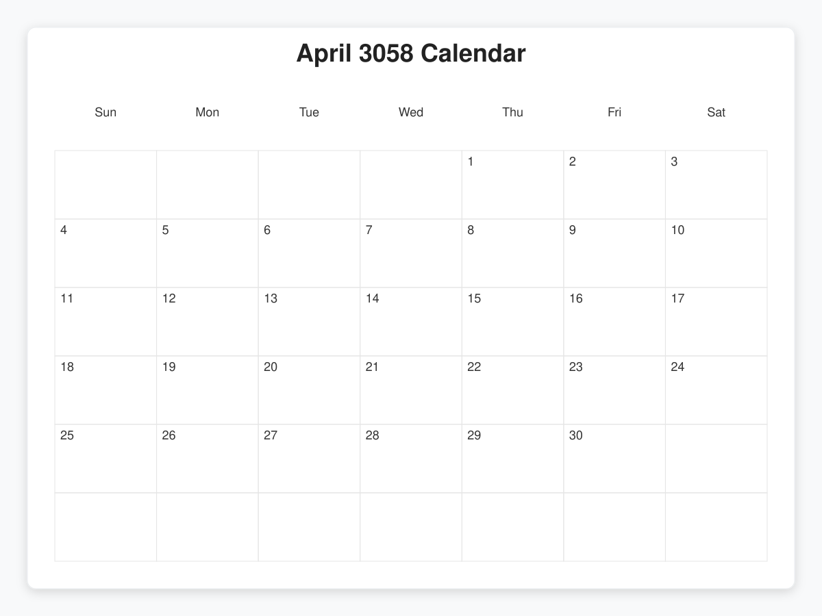 Printable April 3058 Calendars