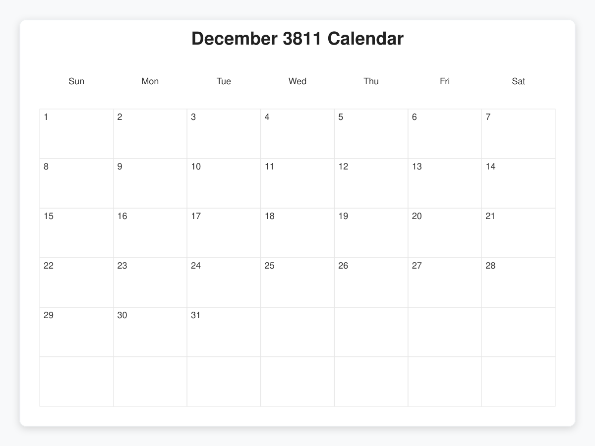 Printable December 3811 Calendars