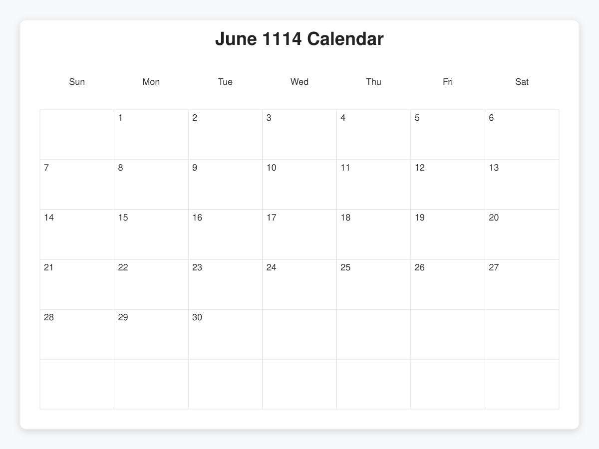 Printable June 1114 Calendars