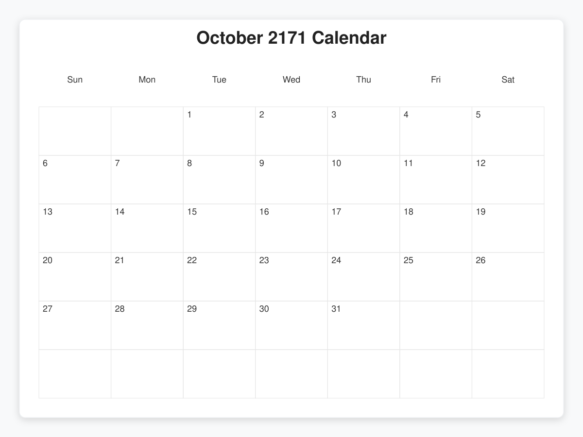 Printable October 2171 Calendars