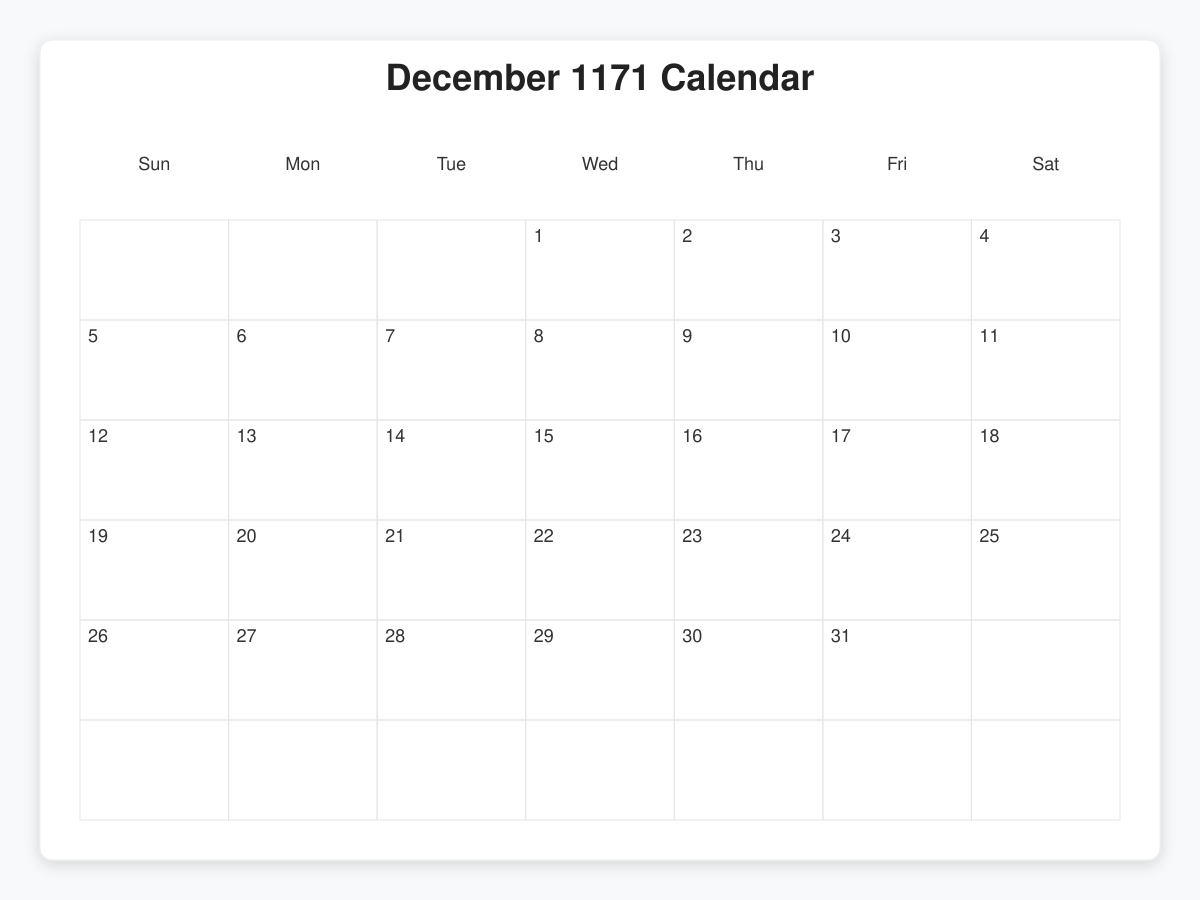 Printable December 1171 Calendars