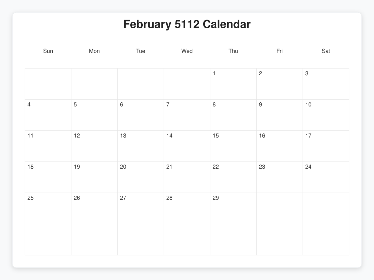 Printable February 5112 Calendars