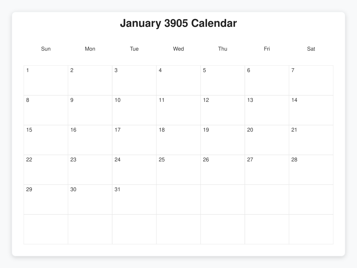 Printable January 3905 Calendars