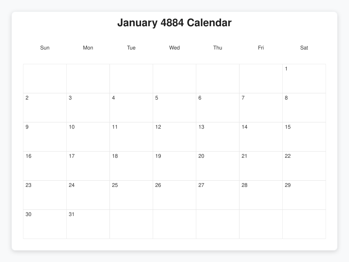 Printable January 4884 Calendars