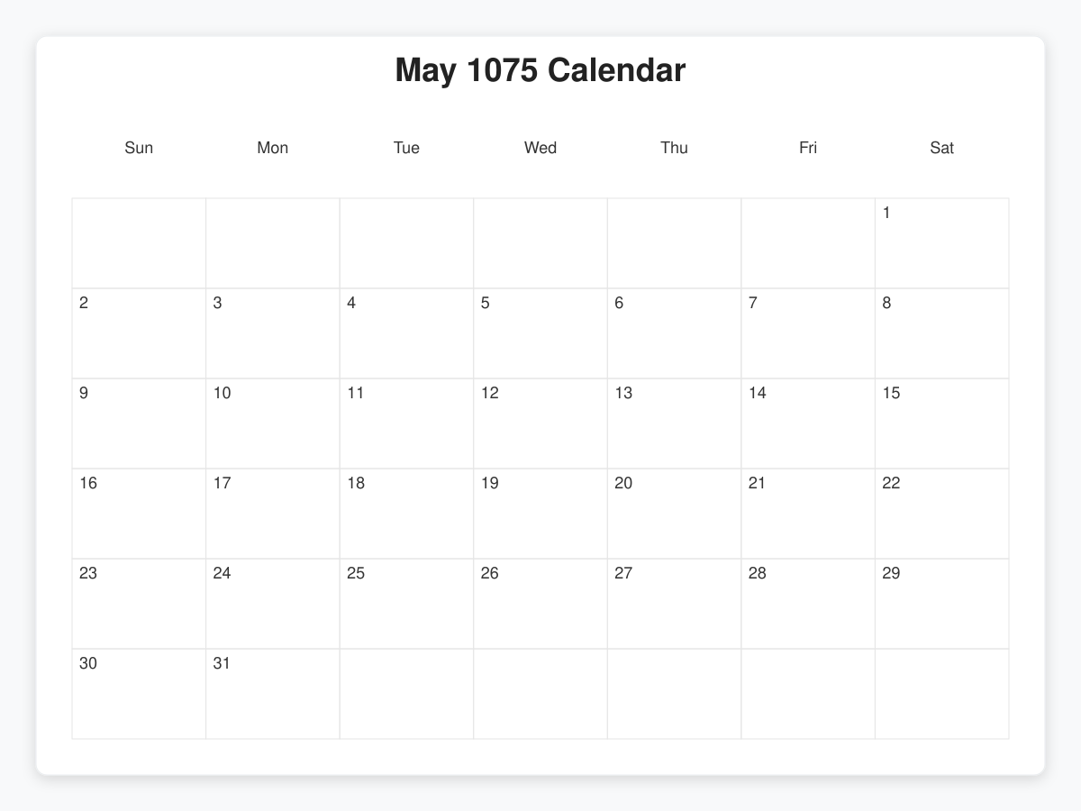 Printable May 1075 Calendars