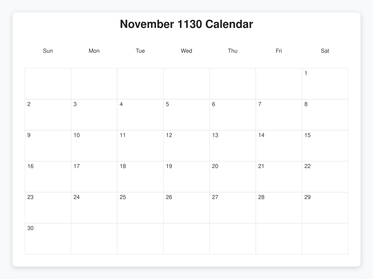 Printable November 1130 Calendars
