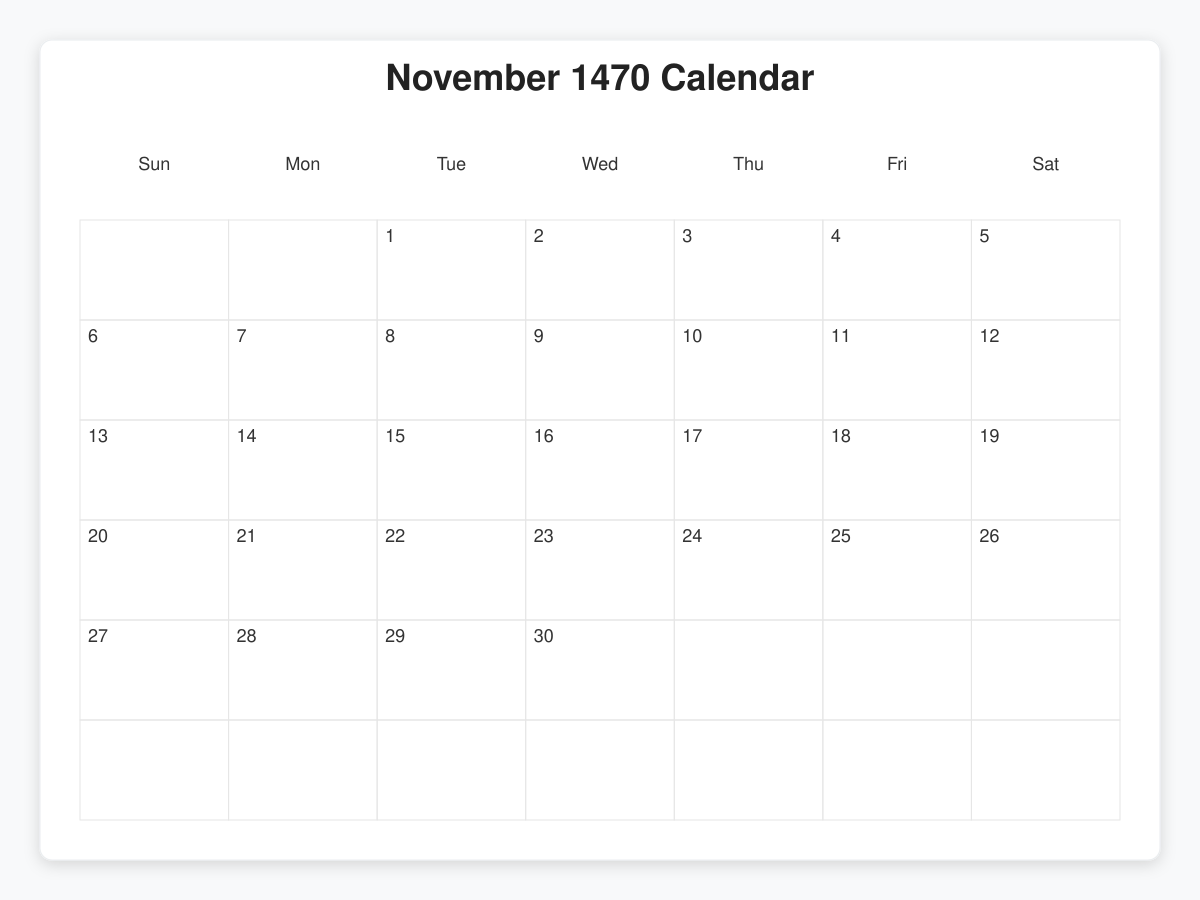 Printable November 1470 Calendars