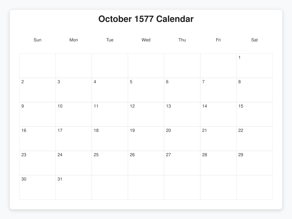 Printable October 1577 Calendars