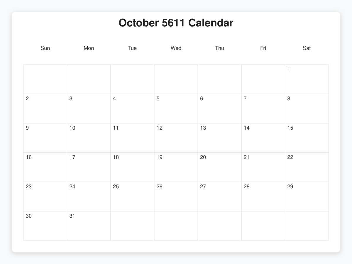 Printable October 5611 Calendars