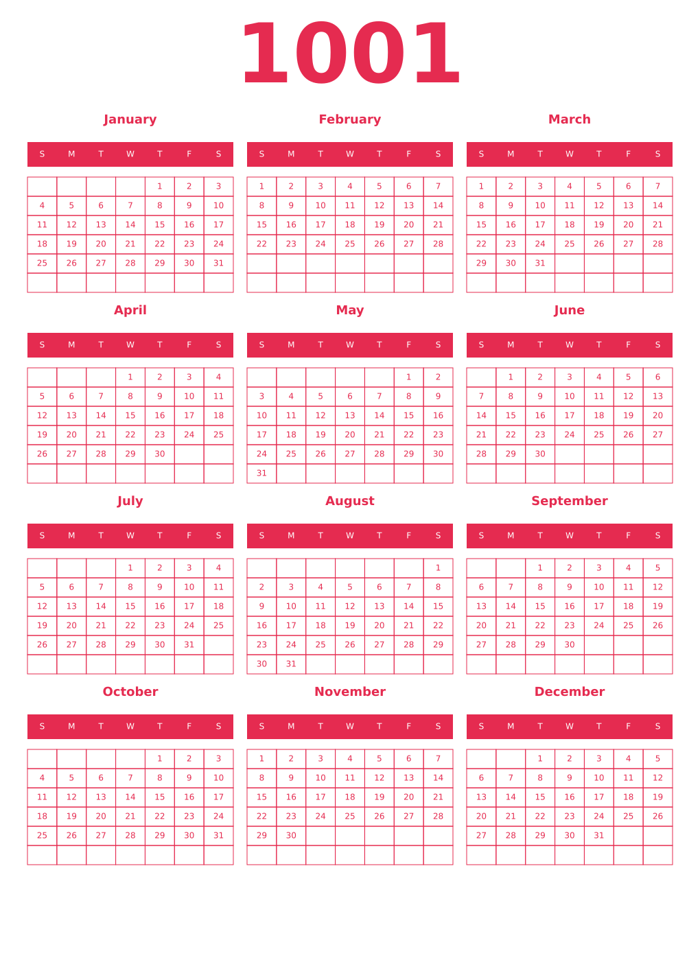 Printable 1001 Year Calendars amaranth