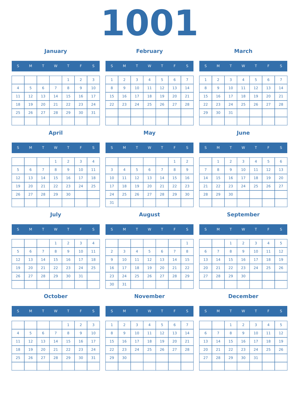 Printable 1001 Year Calendars blue