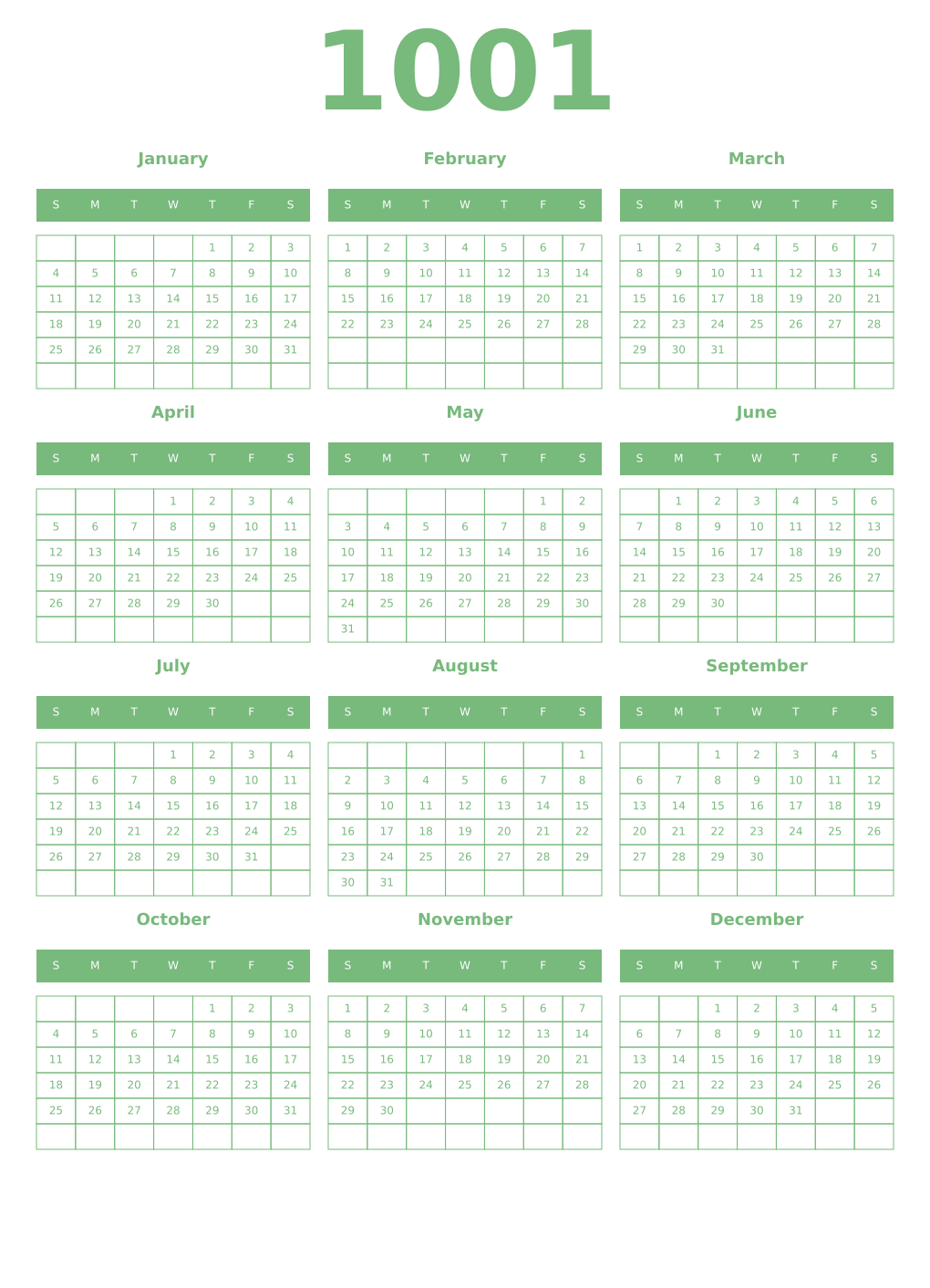 Printable 1001 Year Calendars celadon