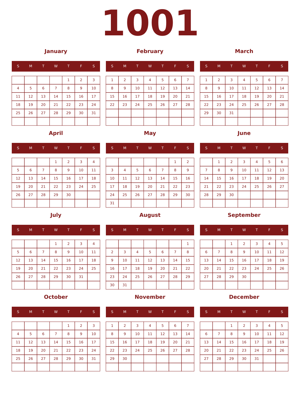 Printable 1001 Year Calendars falu