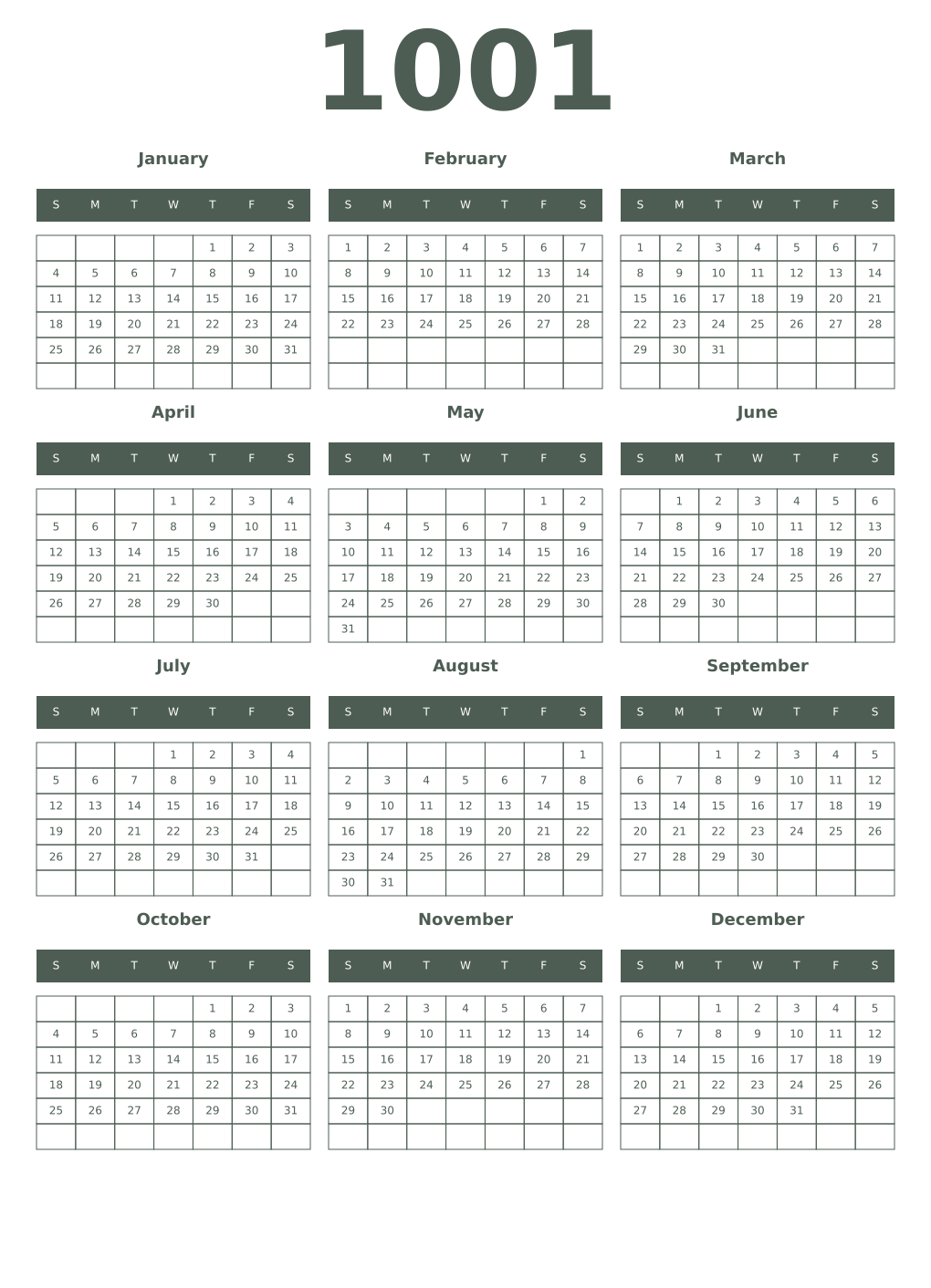 Printable 1001 Year Calendars feldgrau