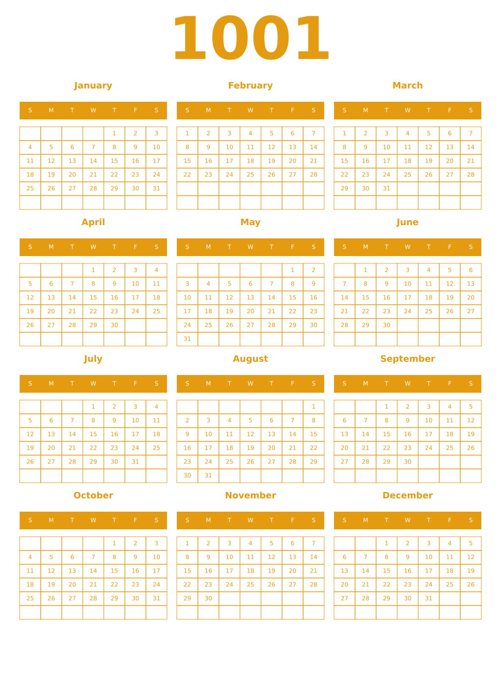 Printable 1001 Year Calendars gamboge