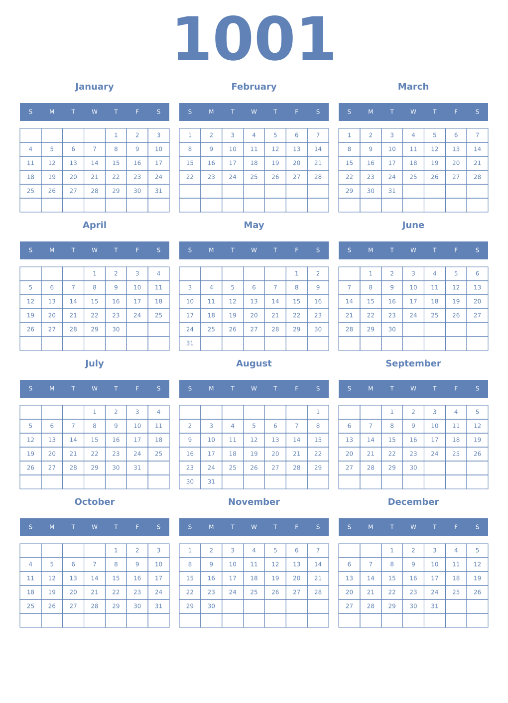 Printable 1001 Year Calendars glaucous