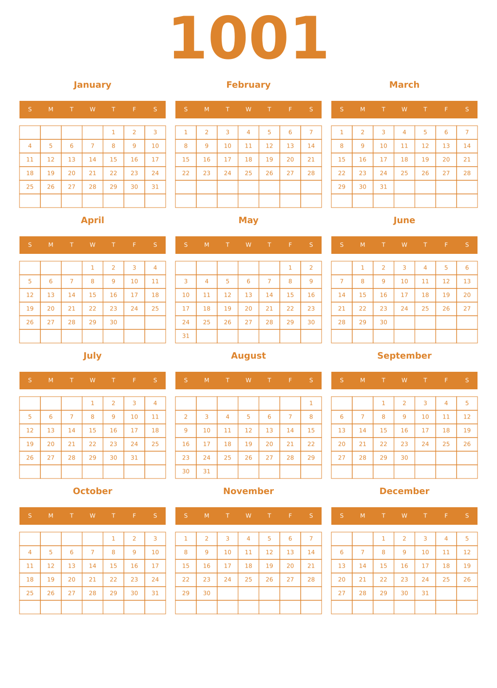Printable 1001 Year Calendars orange