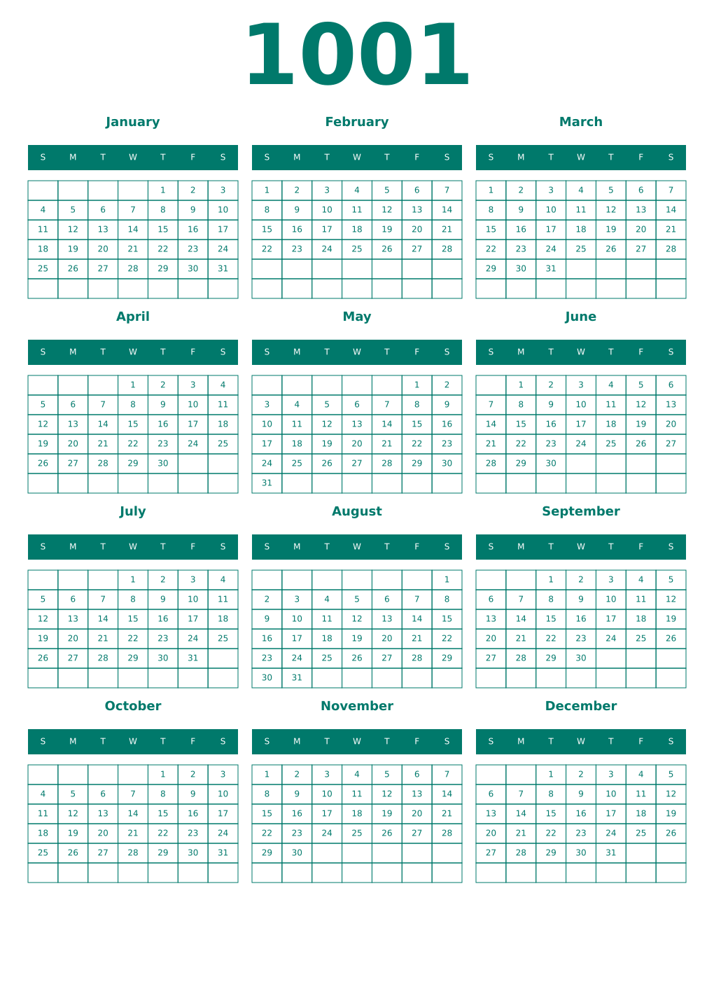 Printable 1001 Year Calendars pastel