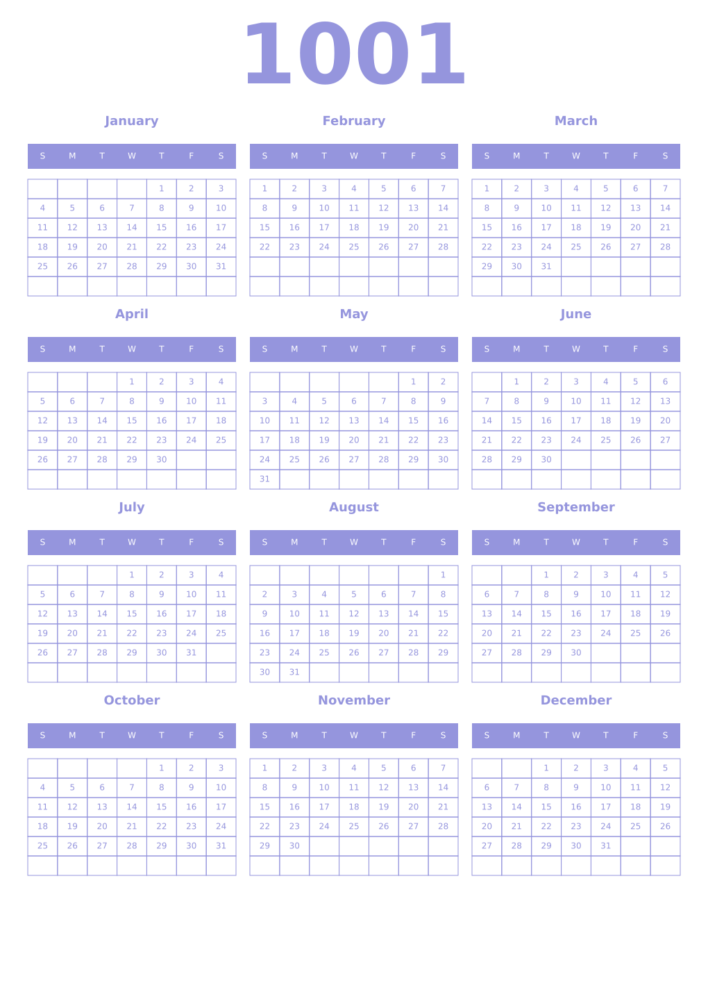Printable 1001 Year Calendars periwinkle