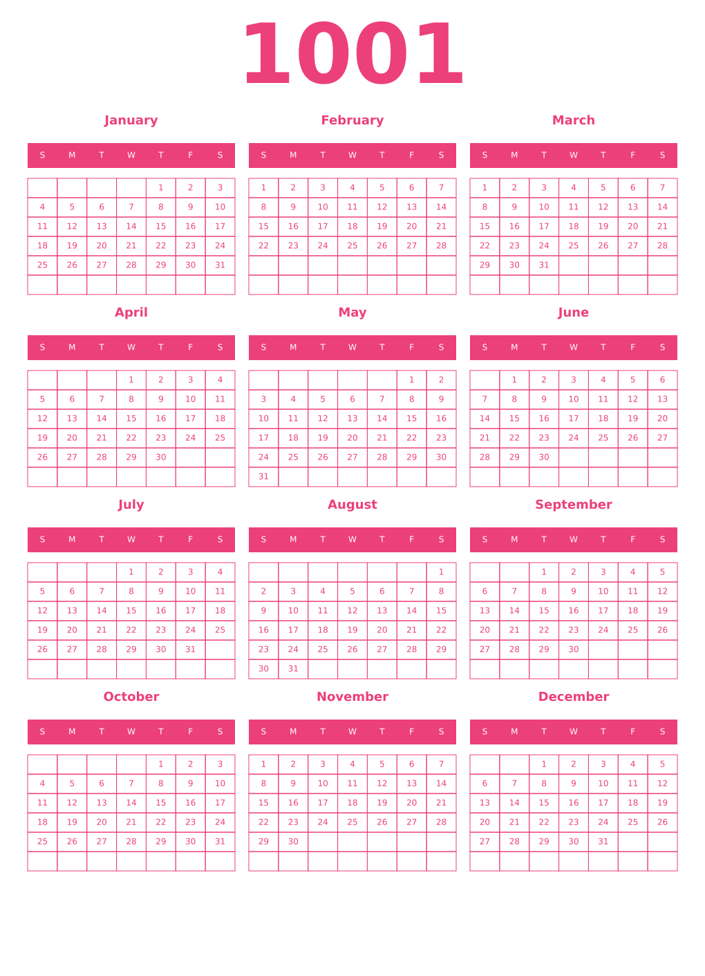 Printable 1001 Year Calendars pink